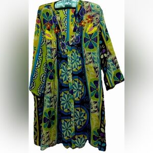 Indian Emporium Dress S/M Cotton Beaded Embroidered Button Down Boho India Hippy